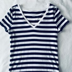 White & Navy striped v-neck tee